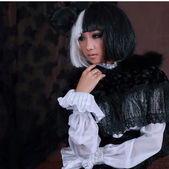 Gothic Lolita Steampunk Victorian Adorable Plush Fur & Lace Black Hooded Cape OS - Picture 10 of 11